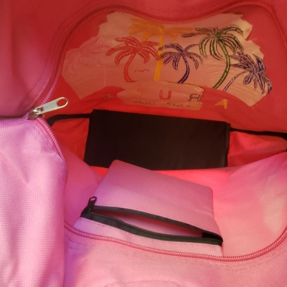 Aruba Canvas Tote with Wood Handles Pink with Colorful Embroidery NWT